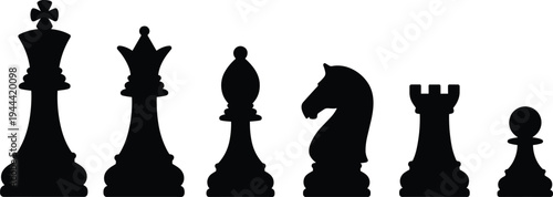 Chess pieces silhouettes set including king, queen, bishop, knight, rook and pawn, black strategy board game vector icons isolated on white background