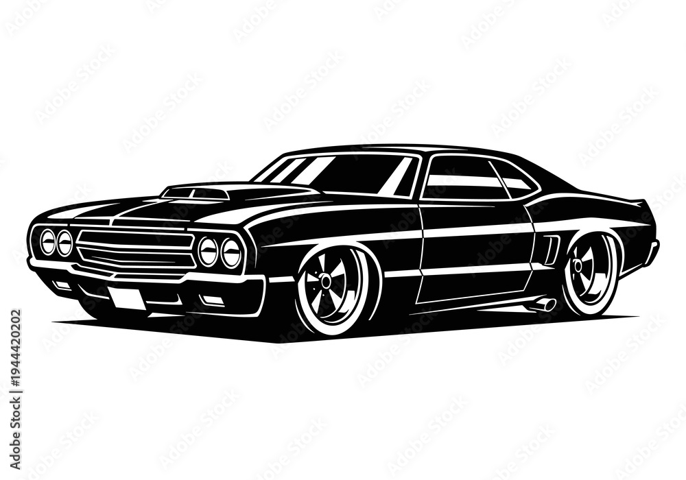 Fototapeta premium Classic American Muscle Car Vector Silhouette Isolated on White Background