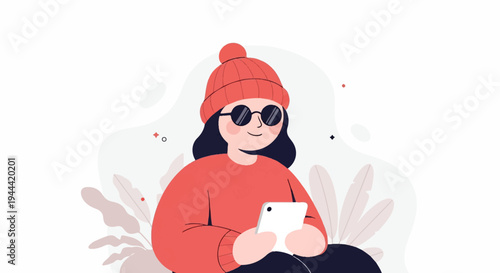A person in a red beanie and sunglasses holds a tablet, surrounded by abstract shapes and plants