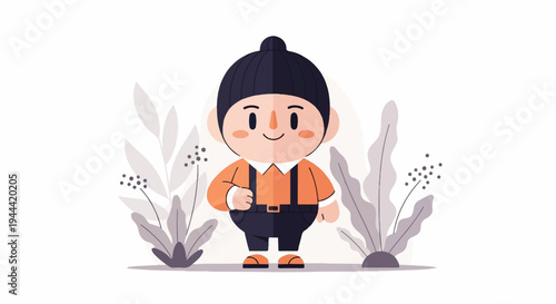 A whimsical cartoon character in a beanie and overalls stands amidst stylized foliage