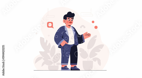 Cheerful man in patterned jacket and pants with plants and abstract shapes