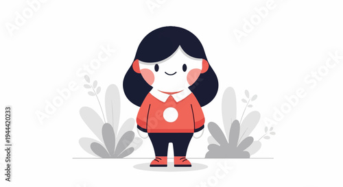A cheerful cartoon girl with dark hair and rosy cheeks stands amidst stylized grey foliage