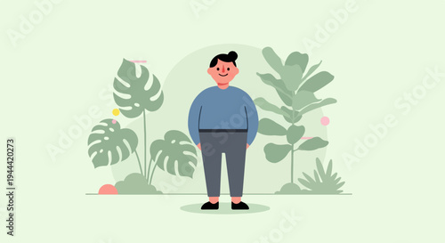 Cheerful person stands amidst lush greenery, surrounded by large tropical leaves