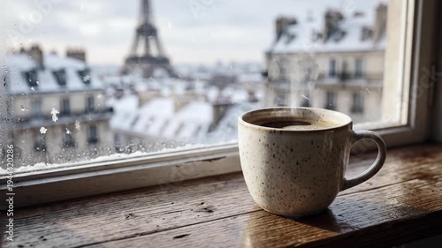 Wallpaper Mural Steaming coffee cup on a window sill overlooking Paris in winter. looping video animation time-lapse Torontodigital.ca