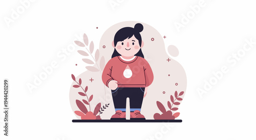 A cheerful, stylized illustration of a young person in a red sweater and dark pants, surrounded by abstract shapes and foliage