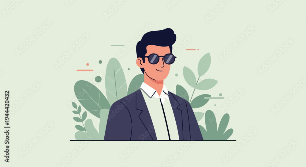 Obraz premium Stylish man in sunglasses and suit, with abstract foliage and circles