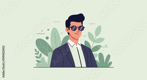 Stylish man in sunglasses and suit, with abstract foliage and circles