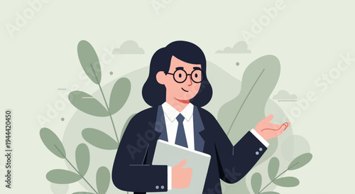 A person in a suit with glasses holds a folder, gesturing with open hand