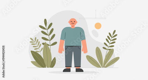 A stylized illustration shows a bald, smiling figure in a blue shirt and grey pants standing between leafy plants with a sun and light fixture above