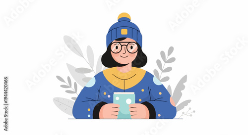 Cheerful person in winter attire holds a warm drink amidst stylized foliage