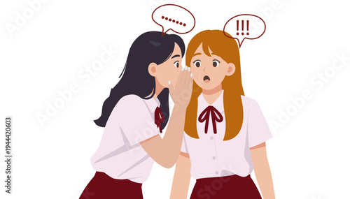 Two girls sharing a secret in a school setting with surprised expressions on a transparent background