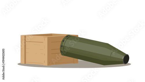 Artillery round beside crate in a simple, modern style on a transparent background