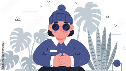 A stylized person in a blue outfit and beanie sits surrounded by large, simplified tropical leaves and abstract shapes