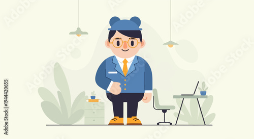 A cheerful cartoon businessman in a blue suit and hat stands in an office with plants and a desk