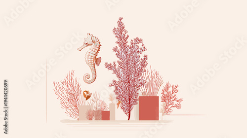Illustration of seahorse with coral and marine plants in a minimalist style, coral and beige tones