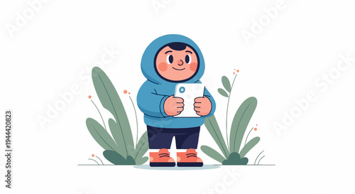 A cute child in a blue hoodie holds a tablet, surrounded by greenery