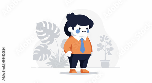 A plump cartoon character with dark hair, orange shirt, blue tie, and dark pants stands among plants