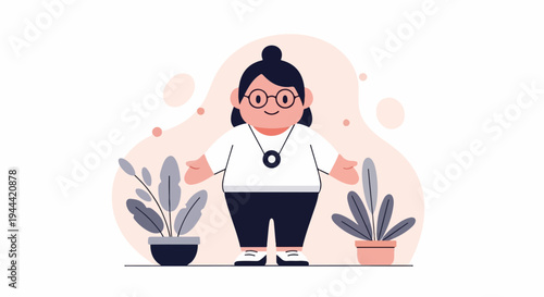 Friendly figure with outstretched arms, flanked by potted plants on a light background