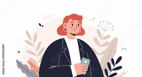 Modern woman in business attire with phone, surrounded by abstract botanical elements