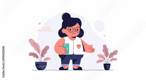 Cheerful person in glasses holding phone, surrounded by potted plants and pastel shapes