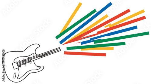 Silhouette of an electric guitar releasing colorful beams, resembling musical notes