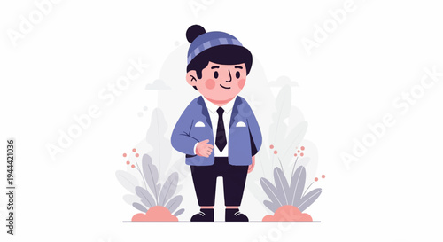 A stylized, cartoonish young person wearing a blue jacket, tie, and beanie