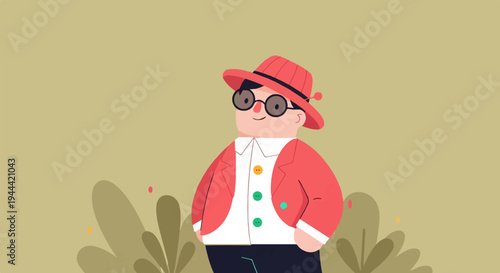 A cheerful, plump character in a coral hat, glasses, and jacket, stands in a field