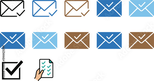Email Confirmation and Verified Mail Icon Set with Envelope Check Marks, Approved Message Symbols, Inbox Notification Signs and Document Checklist Icons for Web UI Design