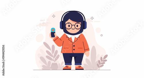 Cartoon figure with headphones and microphone, in orange jacket and blue pants