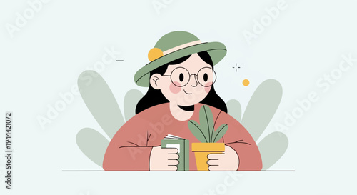 Happy person with glasses wearing a hat, holding a book and a potted plant