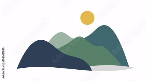 Stylized natural landscape artwork featuring a gentle range of mountains under a vibrant sun, perfect for a peaceful and contemporary design concept