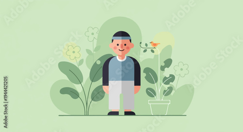 Cheerful cartoon boy with a bird and plants on a light green background
