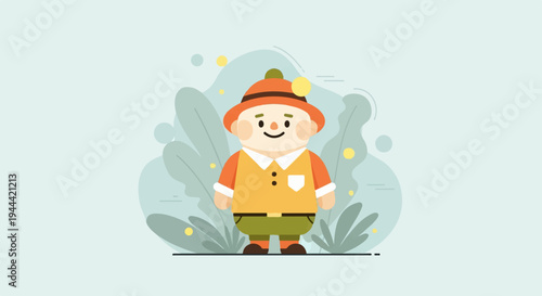 A charming, cartoonish figure in outdoor gear stands amidst stylized foliage, with subtle floating orbs