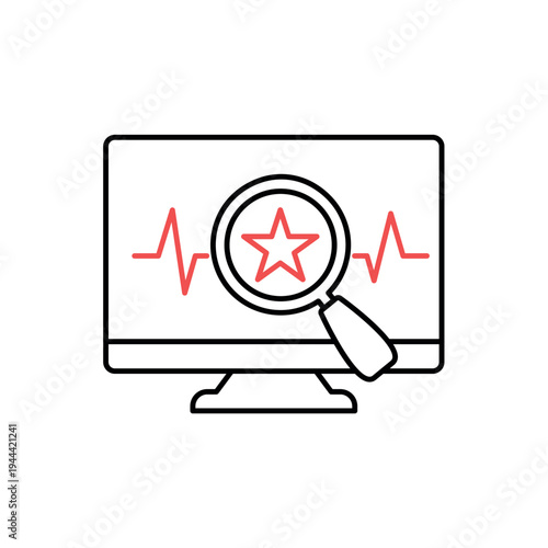 icon a reputation monitoring on monitor with wave and magnifying glass, isolated against a clean background.
