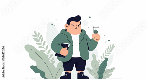 Cheerful cartoon person holding a book and a drink with green foliage in background