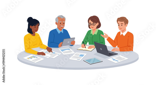 Diverse Business Team Meeting and Collaboration. Group of professionals discussing strategy, reviewing documents, and using technology around a table. Flat vector illustration.