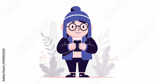 Chubby figure in winter hat and jacket holding phone, with decorative plants