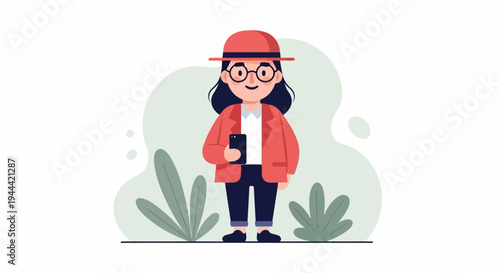 Stylish person with hat and glasses holding a phone, surrounded by abstract green shapes and plants