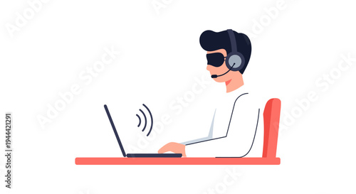 Virtual Customer Service Representative with Headset and Laptop. Remote Work & Online Communication Concept.