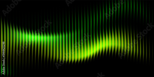 Abstract futuristic soundwave made of glowing green vertical light bars forming a smooth wave pattern, neon green gradient glow