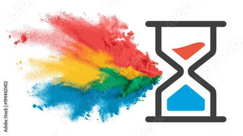 Colorful explosion of pigments next to an hourglass. Time concept, vivid color scheme