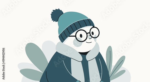 A whimsical character in winter attire, with glasses and a bobble hat, stands amidst abstract plant shapes