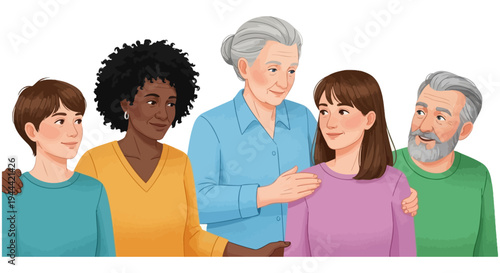 Diverse Multi-Generational Group Illustration Showing Community, Support, and Connection