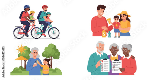 Family Safety and Well-being Illustrations: Active Lifestyles, Sun Protection, and Home Security for All Ages
