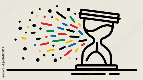 An hourglass figure with colorful elements emerging, set against a neutral background