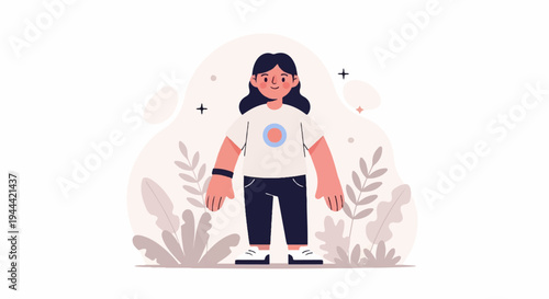 A woman with dark hair stands centered, wearing a white shirt with a circle design