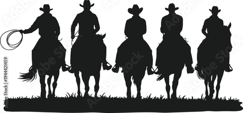 Cowboy riders on horseback silhouettes with lasso, western ranch horsemen vector illustration set standing on grass isolated on white background for rodeo and ranch design