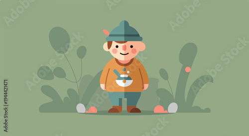 Cute cartoon boy in a green forest with plants and berries
