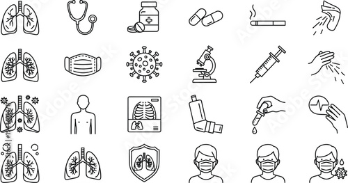 medical, healthcare, line, icons, collection, respiratory, protection, medicine, treatment, diagnosis, prevention, hospital, minimal, outline, vector, health, equipment, virus, care, set