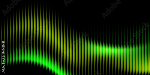 Abstract futuristic soundwave made of glowing green vertical light bars forming a smooth wave pattern, digital audio visualization style